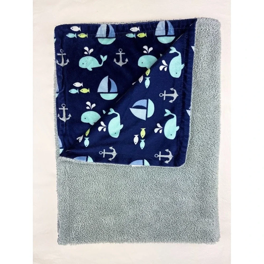 Luvable Friends Blue Whale Sailboat Anchor Fish Baby Blanket Gray Sherpa Back